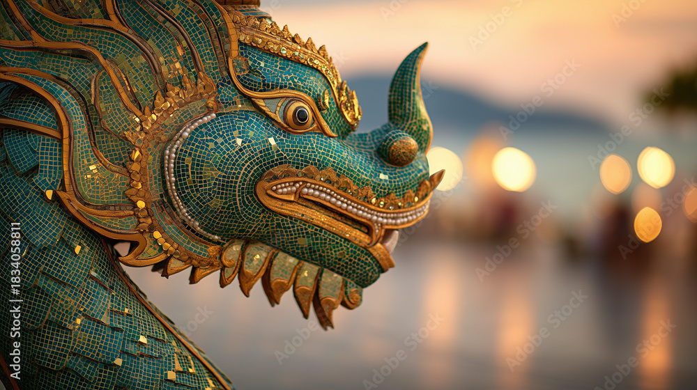 Fototapeta premium A majestic green and gold Naga serpent statue at the Krabi Naga Fest, overlooking the beautiful sunset at Klong Muang Beach Krabi, Thailand