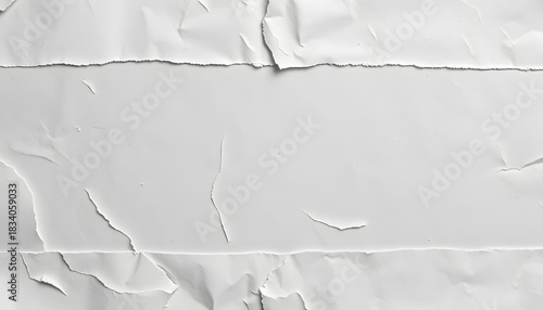 Old white grunge ripped torn collage posters creased crumpled paper placard texture background with copy space for text or image, glowing neon. White tone