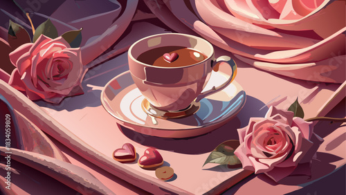 Aesthetic tea cup with roses and heart candies