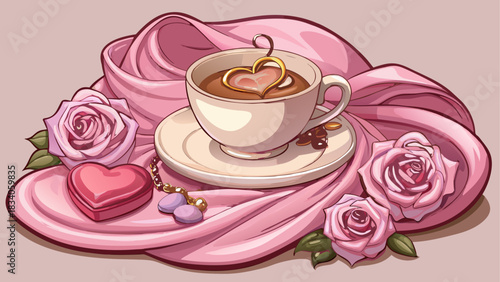 Still life with coffee roses and heart shaped box