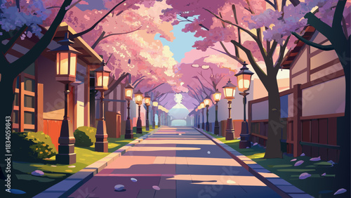 Avenue with cherry blossoms and street lamps view