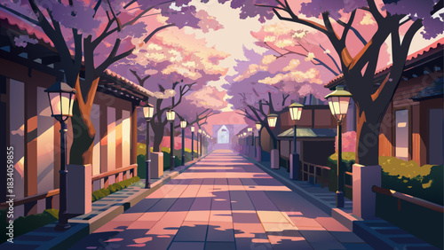 Street view with cherry blossoms and street lamps