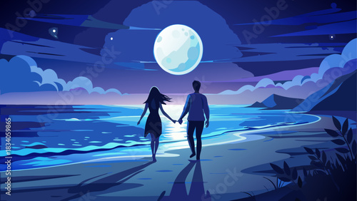 Couple walking on beach under moonlight at night