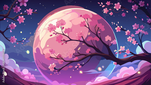 Cherry blossoms under a full moon at nighttime