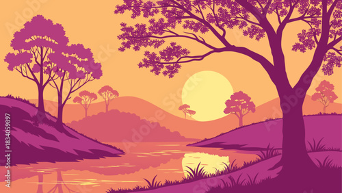 Landscape view with trees and sun at sunset time