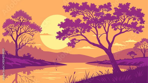 Landscape view with trees and a large sun setting