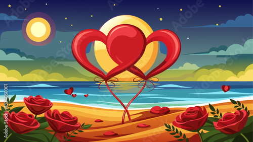 Heart balloons and roses on a beach at night time