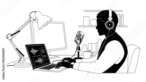 Podcaster recording audio with headphones and microphone at desk