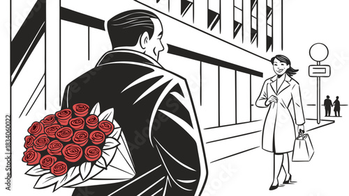 Man hiding roses behind his back to surprise girl