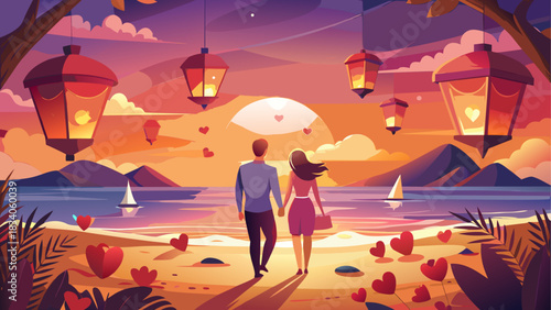 Couple walking on beach at sunset with lanterns