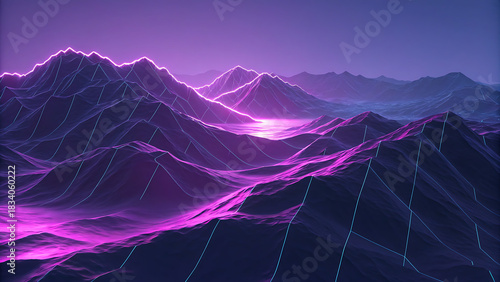 Synthwave Low-Poly Neon Violet and Blue Waves