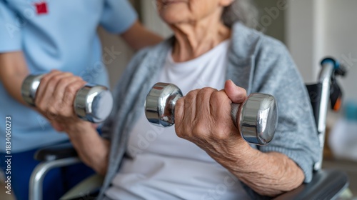Nurse assisting handicapped patient with dumbbells in hospital wheelchair rehabilitation closeup exercise focus
