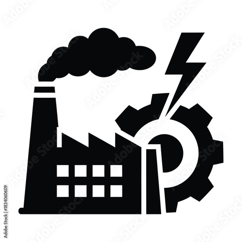 Black silhouette icon of a factory with smoke and gear on white background
