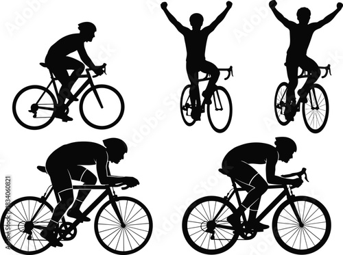 Five Black Silhouettes of Cyclists in Action on White Background cycling bicycle
