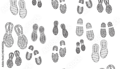 Footprint Art: Black and White Sole Shapes for Creative Designs, Including Detailed Tread Patterns, Perfect for Illustrative Elements in Print and Digital Media