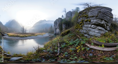River Valley with Fog and Stone Formations