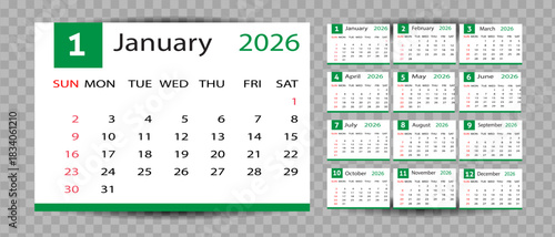 Annual Wall Desk Planner 2026 Monthly Calendar Set Complete 12 Months Set Clean Design for Print, Digital Planner and Office