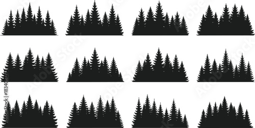 Twelve Black Pine Tree Forest Silhouettes on White Background pine trees evergreen