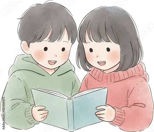 一緒に読む子どもの水彩風イラスト