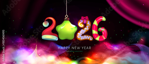 Realistic funny design from numbers  in the shape сolorful decorations for New Year and Merry Christmass postcard for 2026. Scene with royal luxurious green silk draperies. Blue smoke
