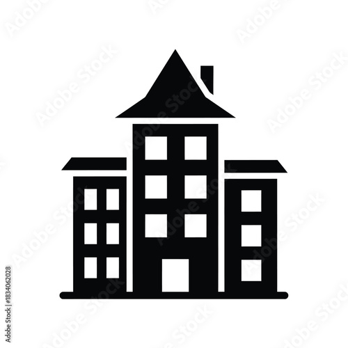 Black silhouette of a multi-story building with a pointed roof