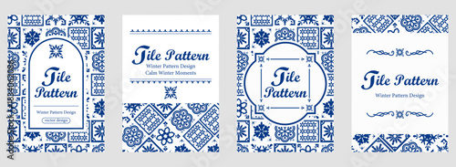 冬タイルパターンとフレームデザインセット｜雪の結晶モチーフの北欧風背景 | コピースペース カード