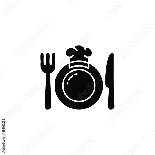 Black silhouette of a plate fork and knife with chef hat Keywords: food, dining, meal