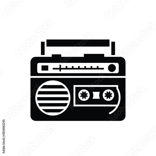Black silhouette of a retro boombox cassette player Keywords: boombox, cassette player, radio