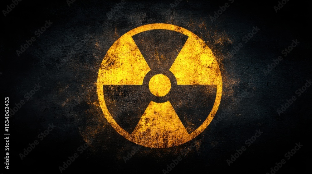 Fototapeta premium A warning symbol for radiation appears on a dark surface with a rough texture. The symbol is bright yellow against the black background, emphasizing its importance