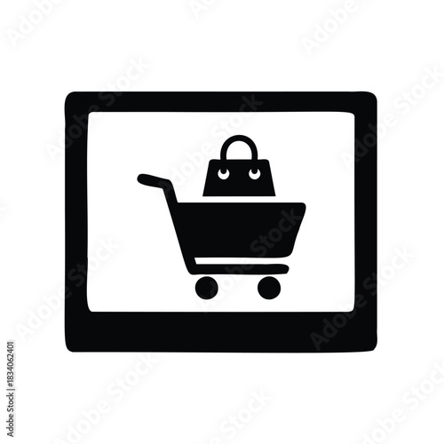 Black silhouette of a shopping cart with a bag on a tablet screen