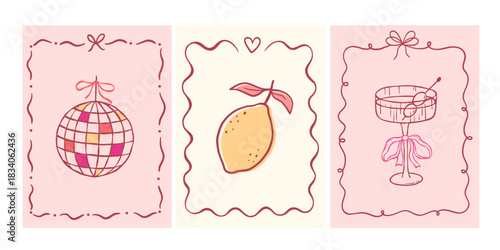 Whimsical lemon, disco ball and cocktail illustration with Italian coastal charm. Mediterranean design featuring citrus fruit in frame. Perfect for summer poster or limoncello-themed artwork.