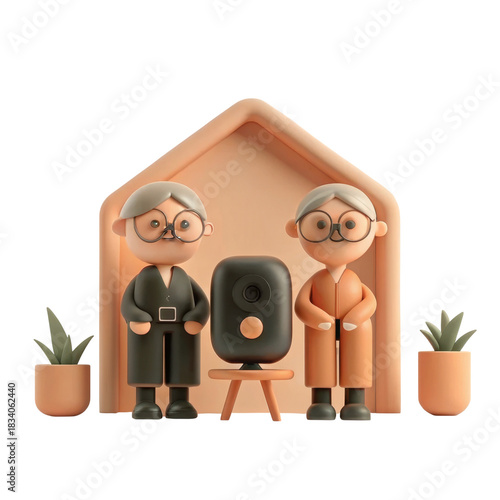 Stylized elderly couple with speaker and plants in a home setting. on Transparent background.