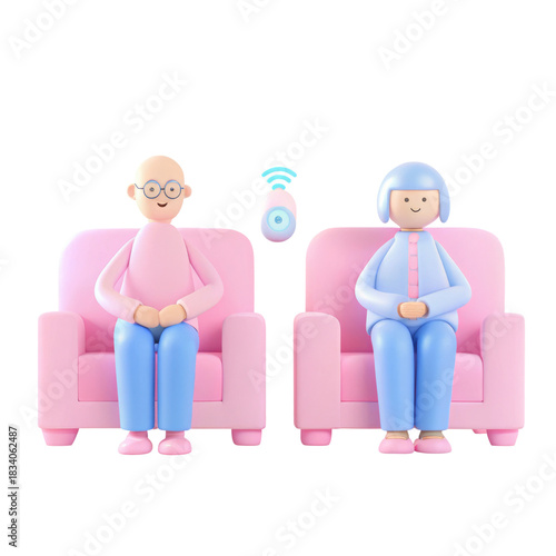 Two cartoon characters sitting on pink sofas. on Transparent background.