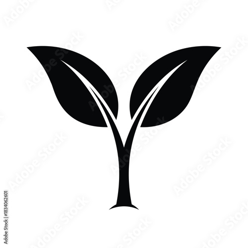 Black Silhouette of a Sprouting Plant with Two Leaves Keywords: plant, sprout, seedling, growth