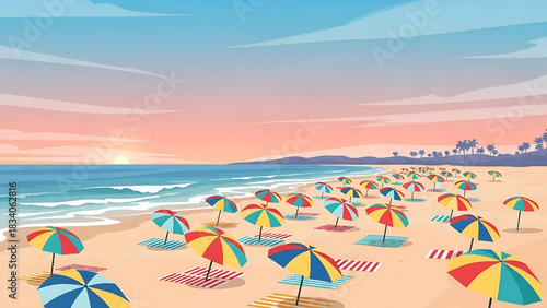 Colorful Beach Umbrellas at Sunset Tropical Paradise Illustration