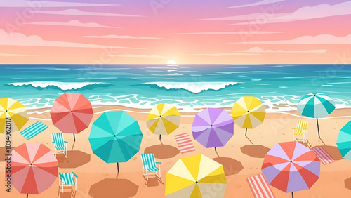Colorful Beach Umbrellas at Sunset Vacation Scene Illustration