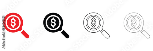 dollar search icon vector set, search sign symbol vector silhouette and line art