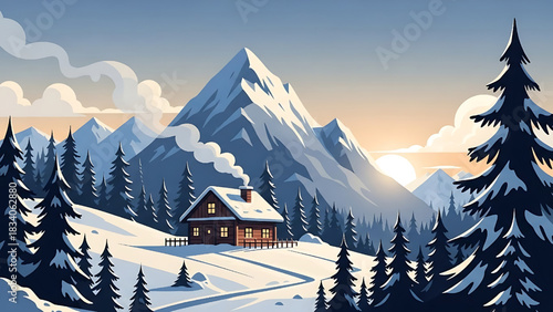 Winter Cabin Scene in Snowy Mountains Landscape Illustration