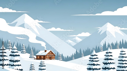 Winter Cabin Landscape with Snow Covered Mountains and Pine Trees