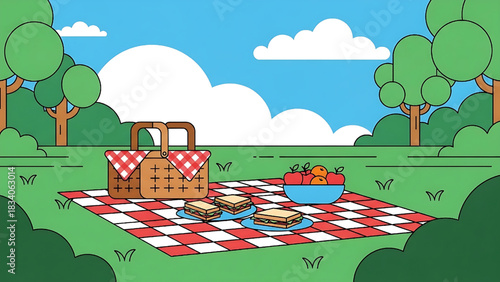 Picnic in the Park Illustration with Basket Food and Blanket
