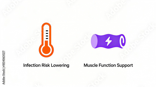 Orange thermometer with purple battery, reduces infection risk, supports muscle function, suitable for health management science popularization or product promotion materials.
