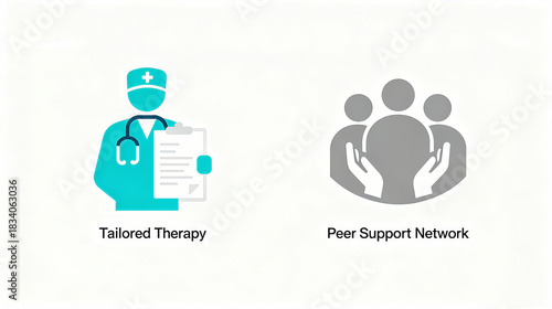 The elements of medical staff and mutual aid groups represent personalized therapy and peer support network concepts, suitable for medical services or health community promotion materials.
