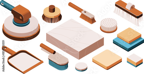 Isometric illustration of cleaning tools, floor buffer machine, brushes, sponges and supplies, perfect for sanitation, housekeeping, janitorial and maintenance projects