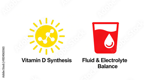 Solar molecules and water droplets in a cup, vitamin D synthesis, water electrolyte balance, suitable for nutrition and health science popularization or life guide materials.
