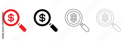 dollar search icon vector set, search sign symbol vector silhouette and line art