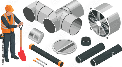 Isometric illustration of HVAC ductwork parts, ventilation pipes, industrial fan, construction worker and tools for maintenance repair and installation