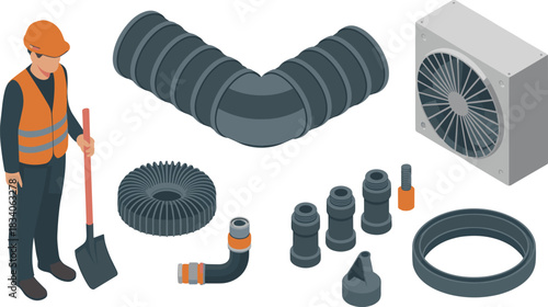 Isometric illustration of HVAC ductwork parts, ventilation pipes, industrial fan, construction worker and tools for maintenance repair and installation
