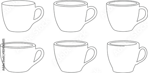 Collection of Various Coffee and Tea Mug Cup Outline Icons Vector Set, Perfect for Beverage, Cafe, Restaurant, Menu, and Drink Graphic Design Elements
