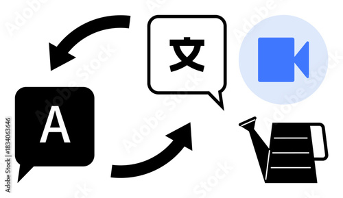 Language translation, global communication, video technology, multilingual education, content creation, workflow management. Arrows connecting speech bubbles, language symbols, a video icon