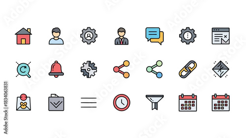 Comprehensive Icon Set for Modern User Interface Design with Settings, Communication, and Organization